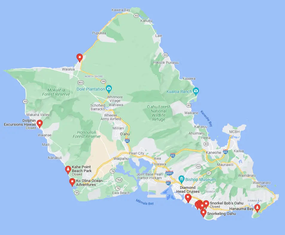 Oahu Snorkeling Map -- Best Beaches to Snorkel in Oahu